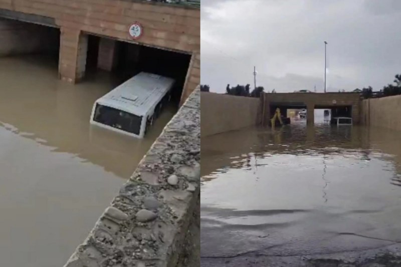  Bakıda avtobus suyun içində qaldı - Sərnişinlər kəndirlə xilas edildi - VİDEO 